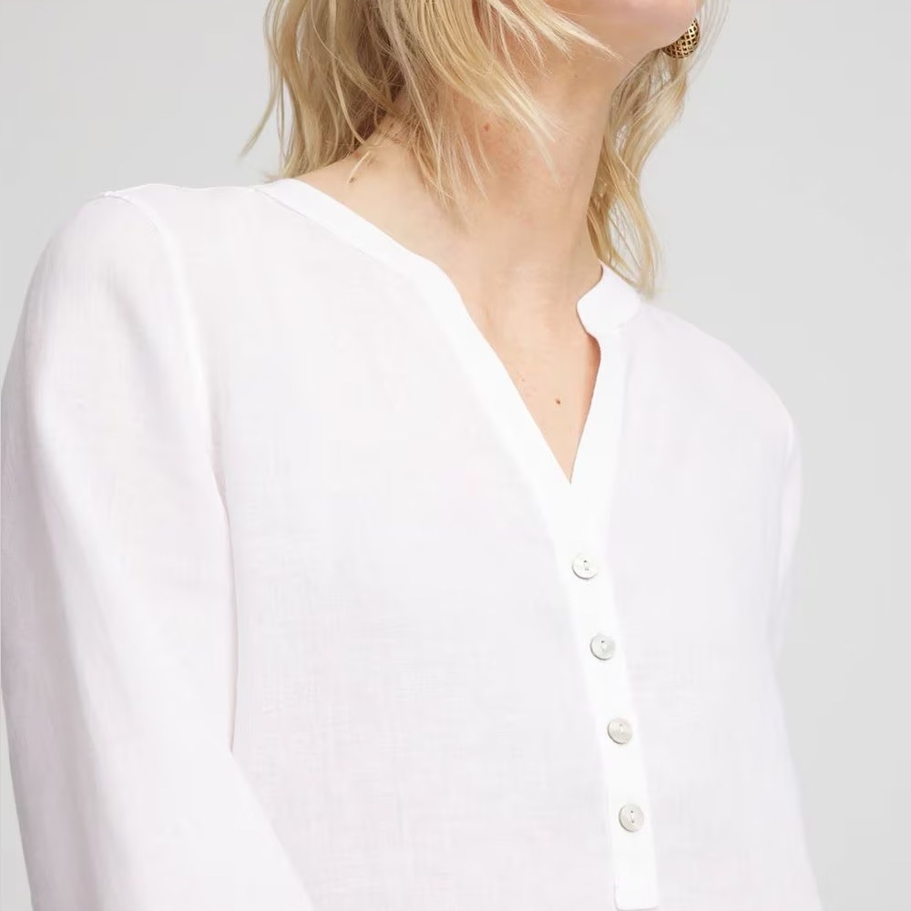 CHICO’S NWT 2 / Women’s L No Iron Linen Tunic in Optic White • Neutral Blouse - Picture 9 of 11